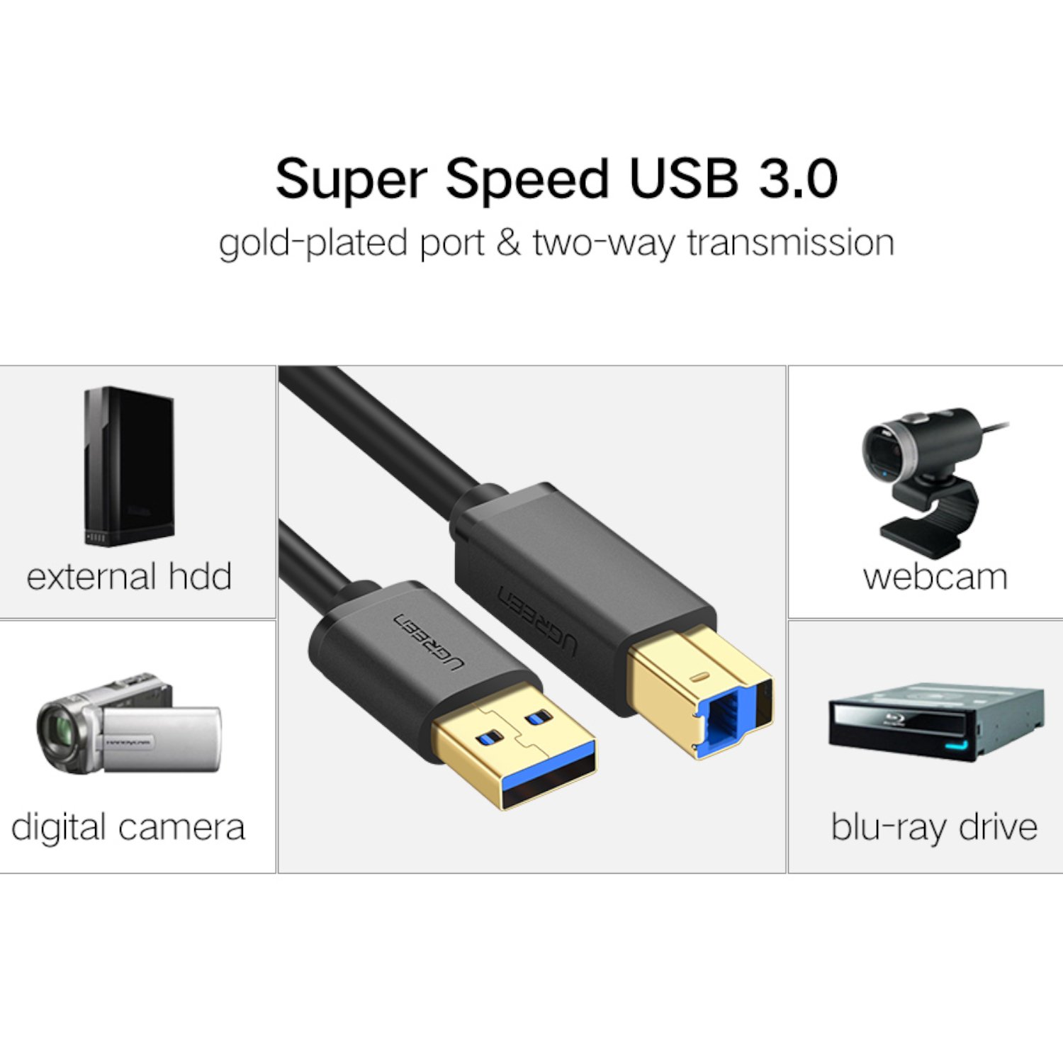 UGreen US210 USB-A Printer Cable 2M - Black - Image 3