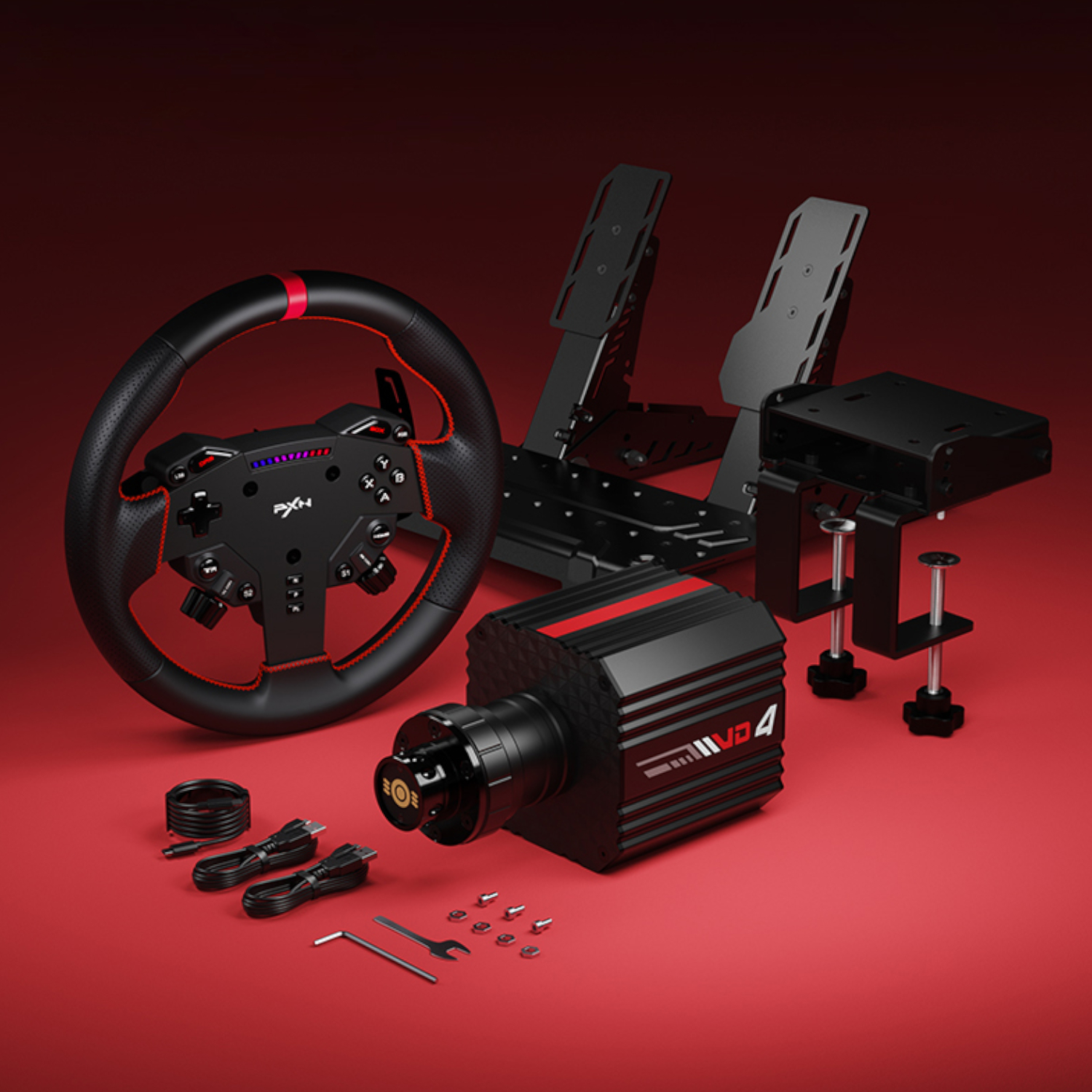 PXN VD4 Direct Drive Sim Racing Wheel - PD-HM Dual Pedal - Z8 Clamp Bundle - Image 7